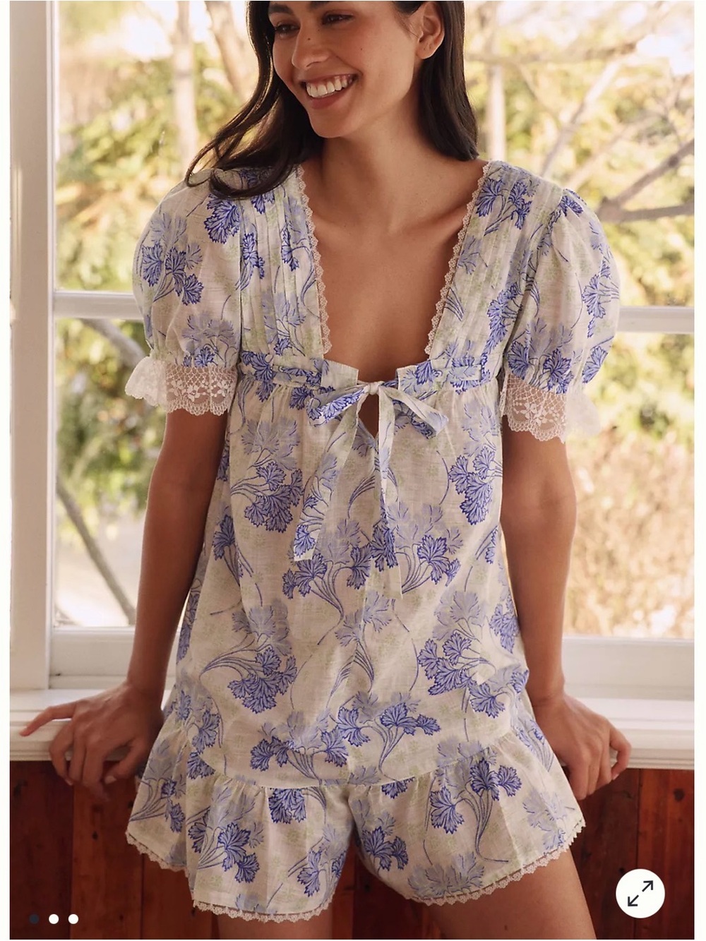 Anthropologie Cream and Blue Floral Lace-Trim Pajama Set